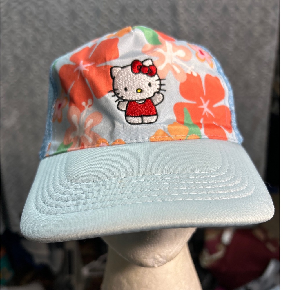 Hello Kitty Hawaiian Floral Mesh Trucker Hat Adjustable‎ Blue